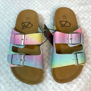 NWT - Girls Birkenstock Like, Double Strap, Rainbow Glitter, Sparkle Slides